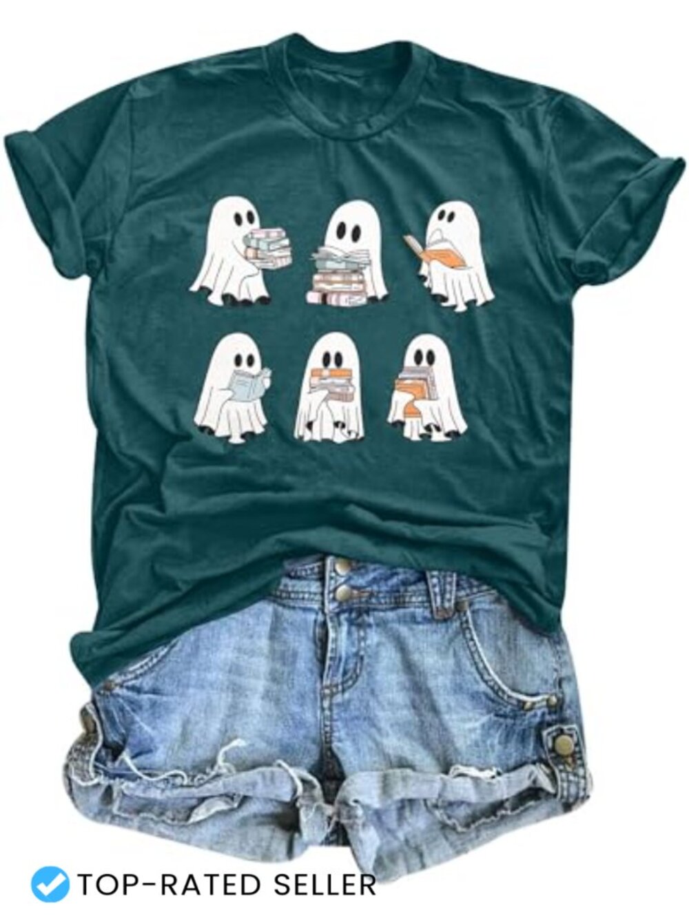 Halloween Teacher Shirt Ghost Reading Books Funny Spooky Bookish Tee